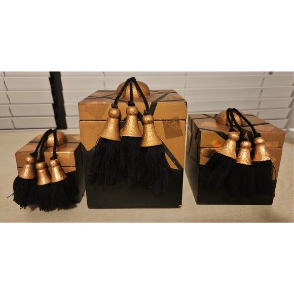 Nesting Boxes-Set of 3-Black & Gold Decoupage-Tassels - Picture 5 of 14